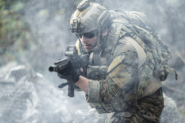Fototapeta premium US Marine, Military Special forces soldier under heavy enemy fire intense battlefield engagement