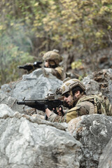 Fototapeta premium US Marine, Military Special forces soldier under heavy enemy fire intense battlefield engagement