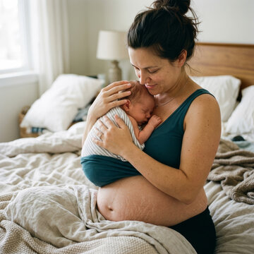 Postpartum mother cradling baby with authentic skin textures