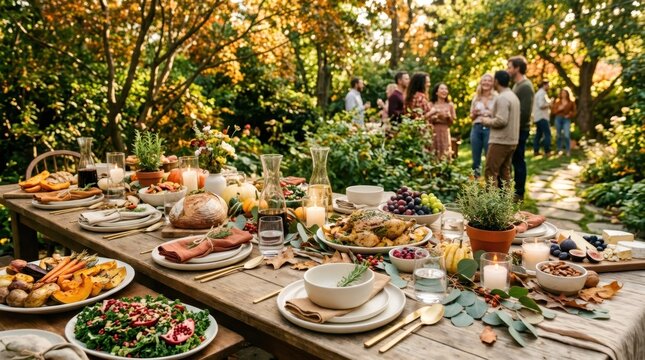 Thanksgiving dinner table served with roasted chicken and autumn food in garden party. Friends and family gathering in background during fall festive celebration, festive outdoor banquet.