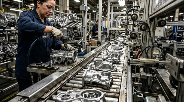 Factory worker assembling engine parts on production line, manufacturing process