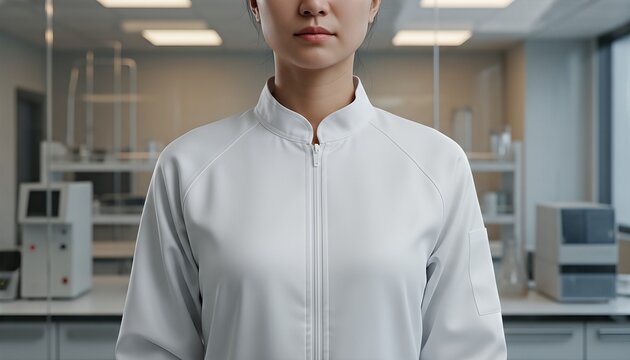 East Asian scientist wearing a blank white protective coverall standing in a sterile modern laboratory
