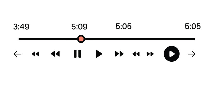 Video progress bar with time indicators and playback navigation buttons for multimedia streaming.