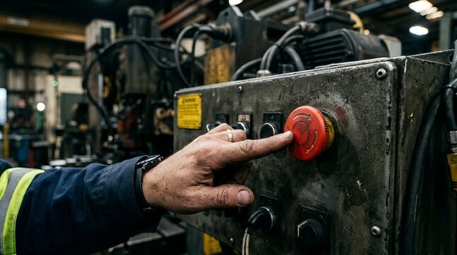 Industrial control panel with hand pressing emergency stop button