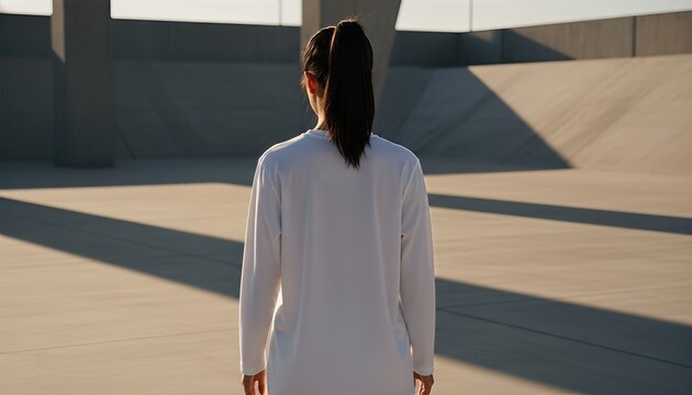 East Asian woman wearing a blank white sports jersey at a brutalist concrete stadium