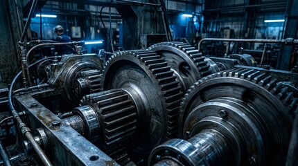 Fototapeta premium Industrial machinery gears close up, metal workshop, dark moody