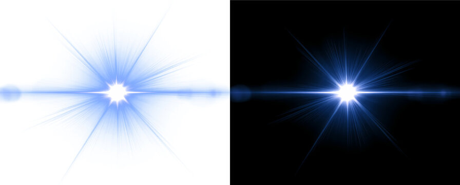 Abstract blue glowing burst with circular halo and dazzling star flare. Transparent background overlay for visual effects. PNG image.