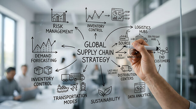 A person outlining a comprehensive global supply chain strategy on a transparent glass board in a modern office environment.