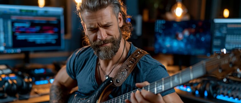 A focused musician plays an electric guitar in a studio with a digital audio workstation background, blending art and technology.