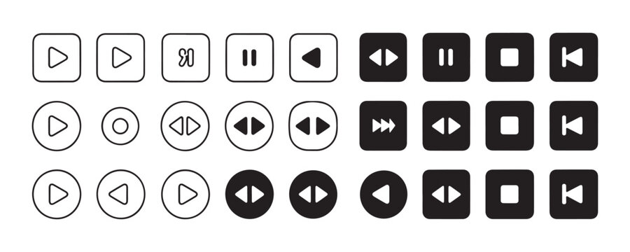 Collection of media player control icons including pause stop and backward buttons in black style.