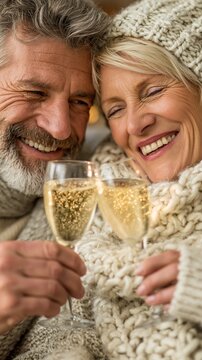 A joyful senior couple in cozy knitwear clinks champagne glasses against a warm background, celebrating love and togetherness.  