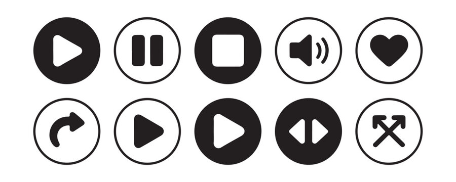 Multimedia interface player button set including play pause stop volume heart and shuffle icons.