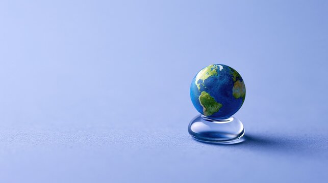 Small model of planet Earth resting on clear glass stand against soft light blue background global ecology sustainability and world unity concept