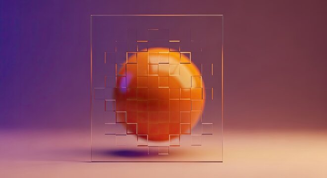 Futuristic abstract 3D render of a smooth orange sphere encapsulated within a clear, textured cubic structure against a gradient background.