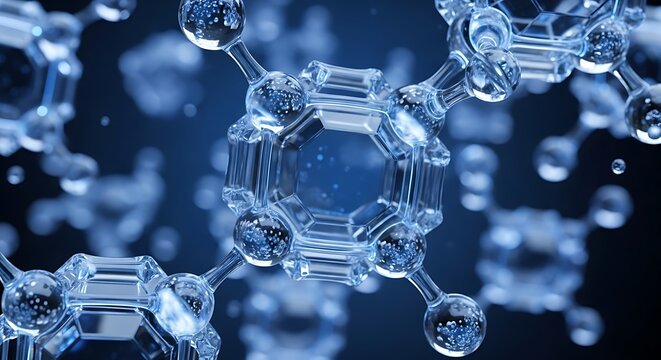 Close-up view of a crystalline, molecular structure, abstract, translucent, in cool blue tones