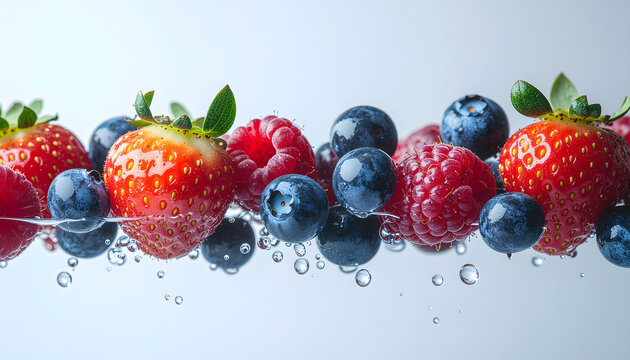 Vibrant mix of strawberries blueberries and raspberries with dynamic frozen water splash