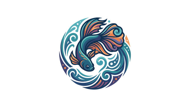 Betta Fish Swimming in Circular Water Waves, Vibrant Colors, Stylized Illustration