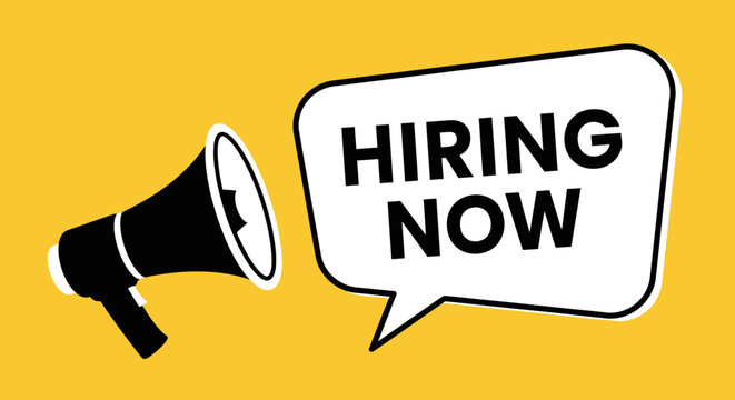 Hiring Announcement with Megaphone and Speech Bubble on Yellow Background