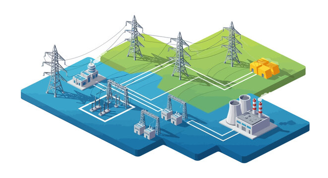 Isometric illustration of a power grid system representing energy distribution infrastructure