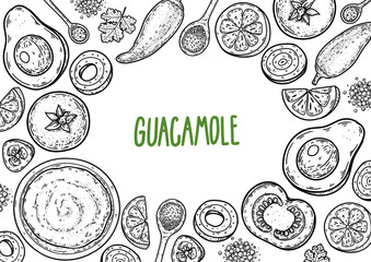 Obraz premium Hand drawn guacamole web header template, native vector black and white engraved style avocado oval frame monochrome menu background