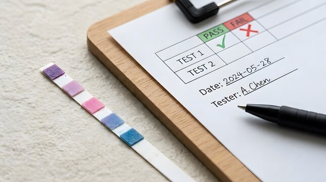Laboratory test results on clipboard with pen and pH test strips, showing pass and fail marking for tests, laboratory equipment