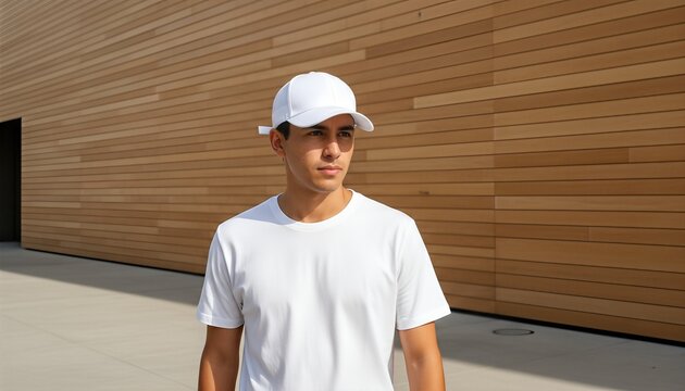 Hispanic man wearing a blank white snapback hat walking near a modern design museum
