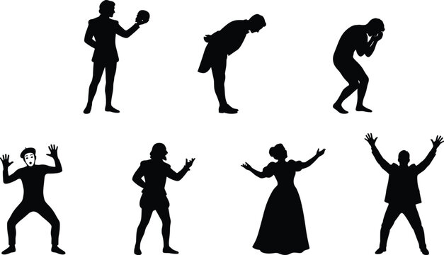 Theater and drama vector silhouettes set with stage actors performing classical play opera singer and mime artist