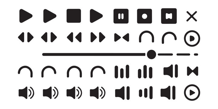 Collection of black media player icons play pause stop rewind fast forward volume control.