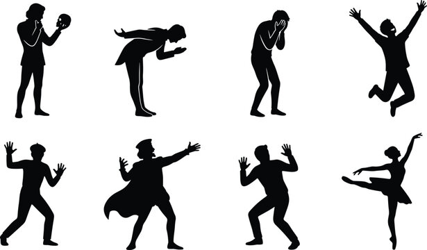 Theater and performing arts vector silhouettes set with stage actors mime artist shakespearean performer and ballet dancer