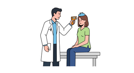 Fototapeta premium Doctor checking patient's temperature with infrared thermometer, patient has ice pack on head