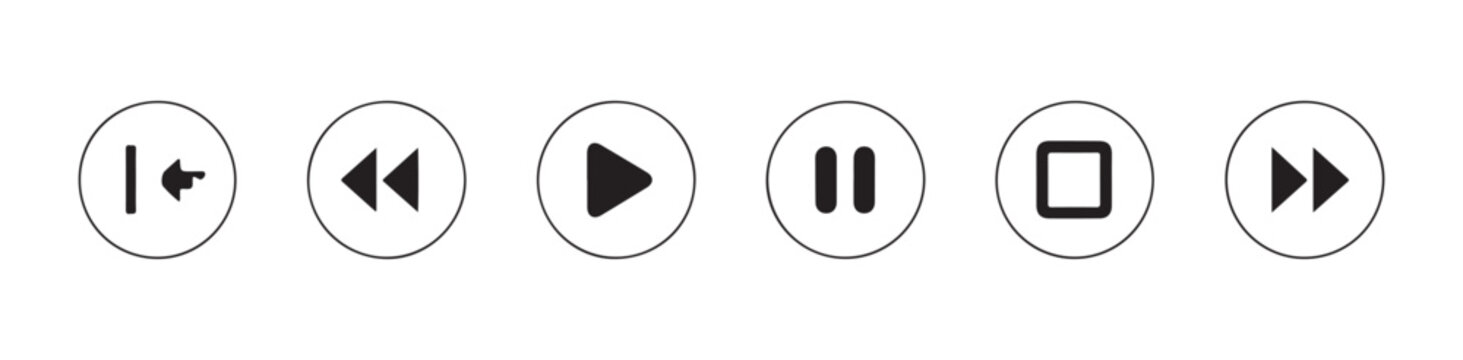 Circular media player icons, play, pause, stop, rewind, fast forward, skip forward, skip backward.