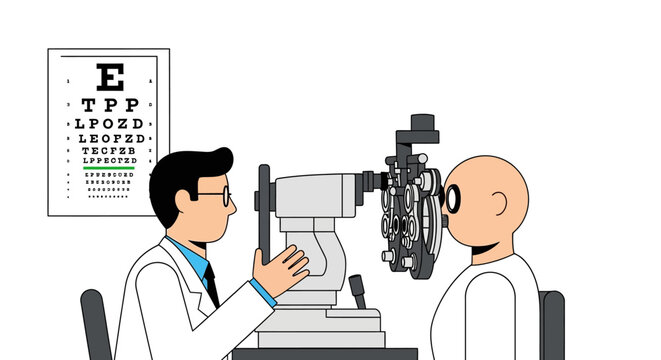Optometrist examining patient's eye with phoropter and eye chart