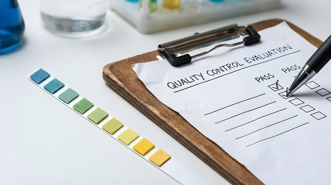 Quality Control Evaluation Checklist with Pen and Color Swatch Samples in a Science Lab Setting