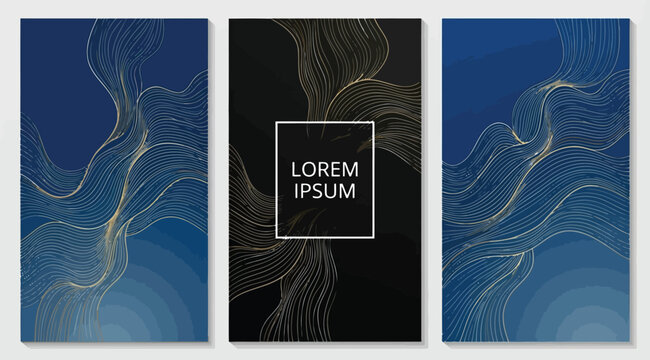 Set of three abstract posters with silver wavy lines on dark blue and