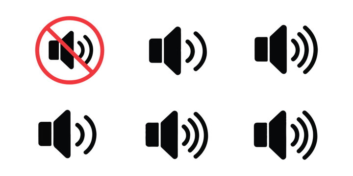 Collection of various sound volume level control icons with different loudness stages for web design.