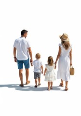 Fototapeta premium Happy Family of Four Walking Together Isolated on White Background - Back View of Parents and Two Children in Summer Clothes