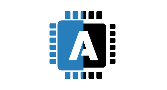 A stylized letter A integrated into a digital computer processor chip icon design