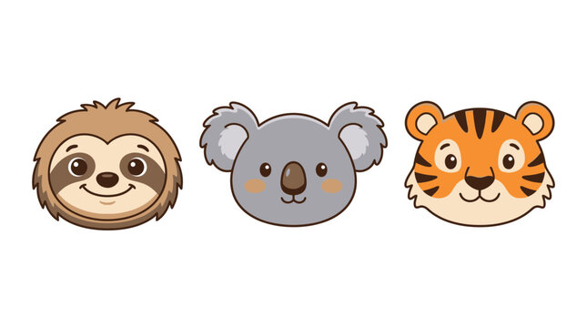 Adorable cartoon animal faces featuring a cute sloth, happy koala, and playful tiger perfect for children's books, educational materials and graphic design