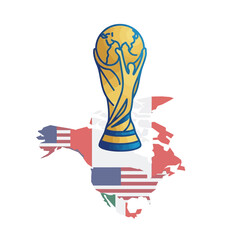 Golden World Cup trophy stands prominently on a map of North America featuring USA, Canada, and Mexico flags, symbolizing the 2026 tournament. © Insan