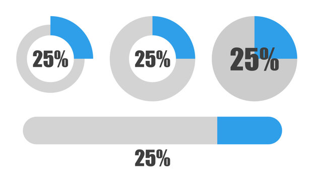 25％の円グラフとプログレスバーセット パーセンテージ表示アイコン素材25 Percent Chart and Progress Bar Set Circle Graph and UI Elements
