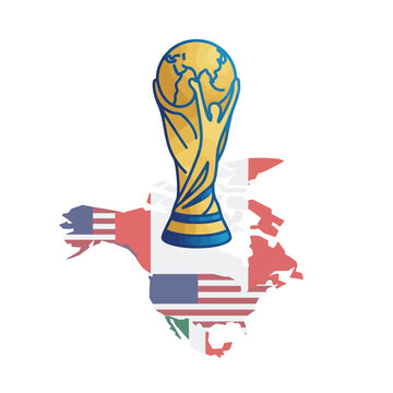 Golden World Cup trophy stands prominently on a map of North America featuring USA, Canada, and Mexico flags, symbolizing the 2026 tournament.