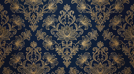 Vintage damask floral pattern with gold ornate elements on dark navy blue background © Saharia