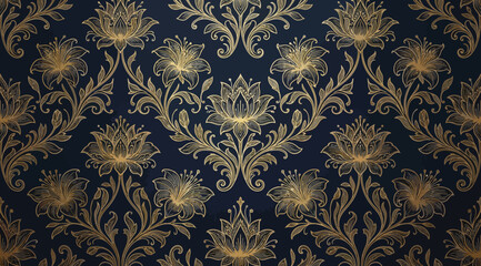 Luxury damask floral wallpaper pattern with gold metallic details on dark navy blue © Saharia