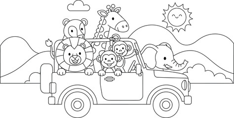 Color page illustration of safari animals in a jeep © MdJakir