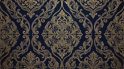 Seamless luxury damask wallpaper pattern with intricate golden floral motifs on dark blue © Saharia