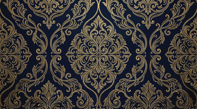 Seamless luxury damask wallpaper pattern with intricate golden floral motifs on dark blue