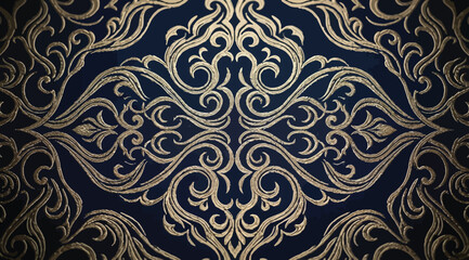 Seamless ornate damask pattern featuring golden floral swirls on a deep navy blue background © Saharia
