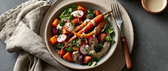 Wholesome plantbased dining at its most vibrant. Caramelized carrots, beet, broccoli, and radish over hummus, drizzled with tahini and black sesame on rustic ceramic. Perfect for wellness.