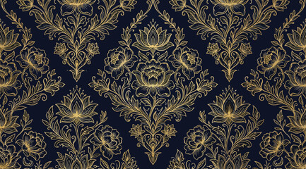 Luxury gold floral damask pattern on dark blue background, seamless ornate wallpaper design with intricate vintage botanical motifs and filigree © Saharia