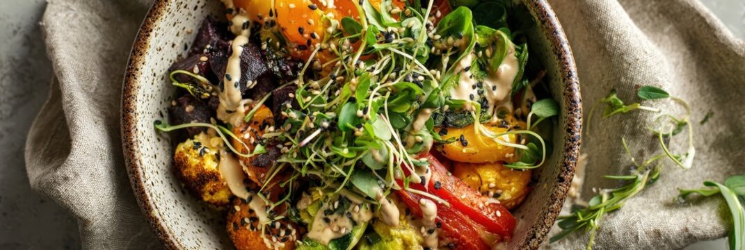 Nourishing plantbased bowl overflowing with roasted vegetables, fresh microgreens, sesame seeds, and creamy tahini sauceideal for wellness blogs, restaurant menus, and cleaneating campaigns.